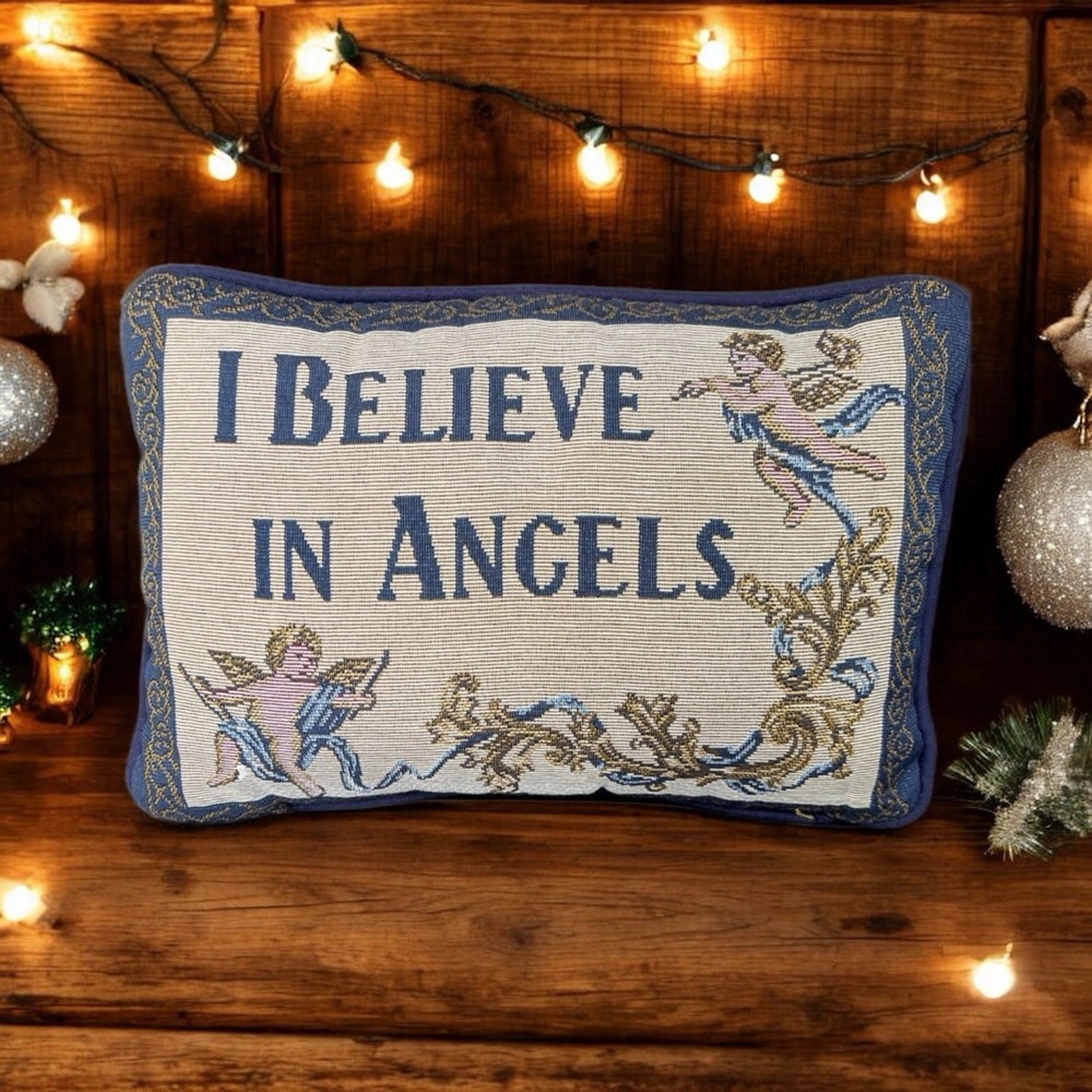 VTG Tapestry Pillow "I Believe in Angels" Cherubs Decorative Cushion 12x8.5